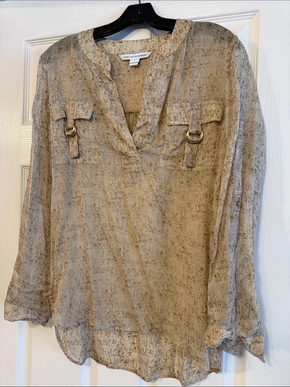 Diane Von Furstenberg Beige V-Neck Utility Blouse